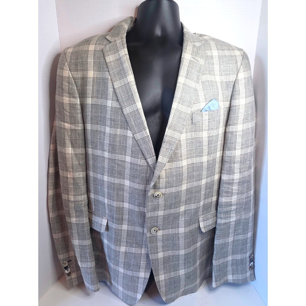 Sand Copenhagen Linen Plaid Blazer Grey Beige Blue Sport Coat EU 56/ US 44-46